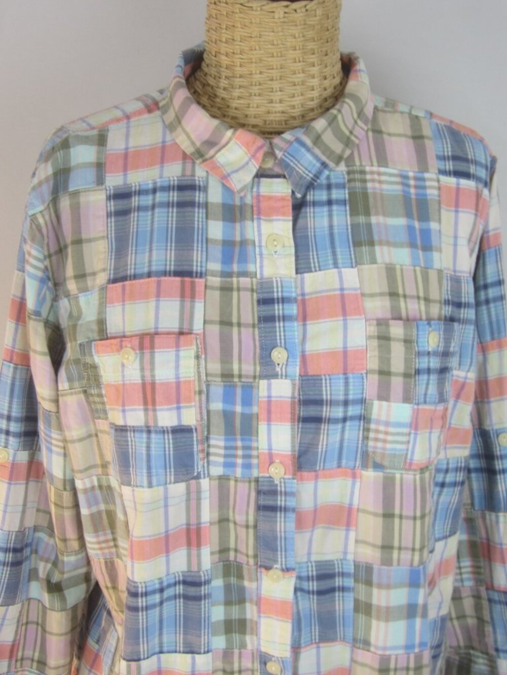 L.L. Bean Shirt Womens L Madras Patchwork Plaid Preppy Coastal Beach LS Shirt - Picture 10 of 13